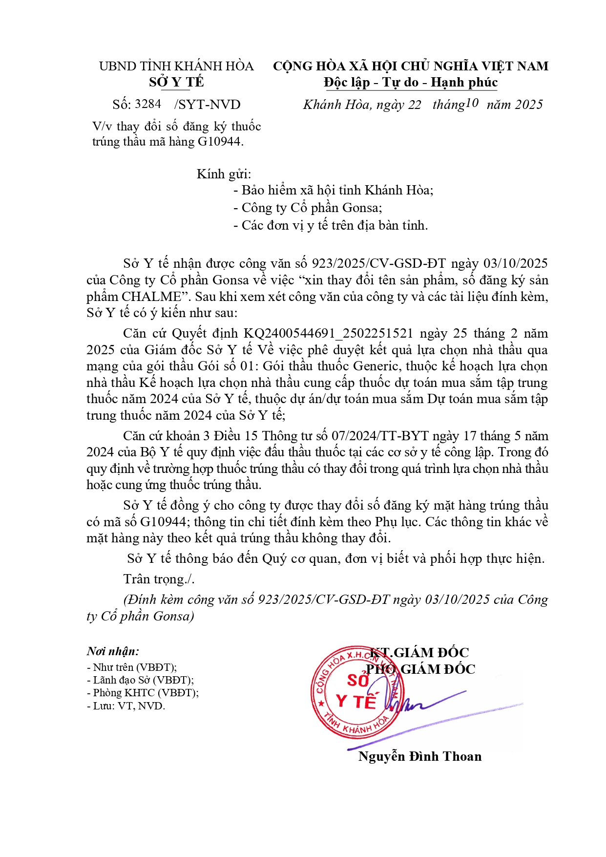 V/v thay đổi số đăng ký thuốc trúng thầu mã hàng G10944.